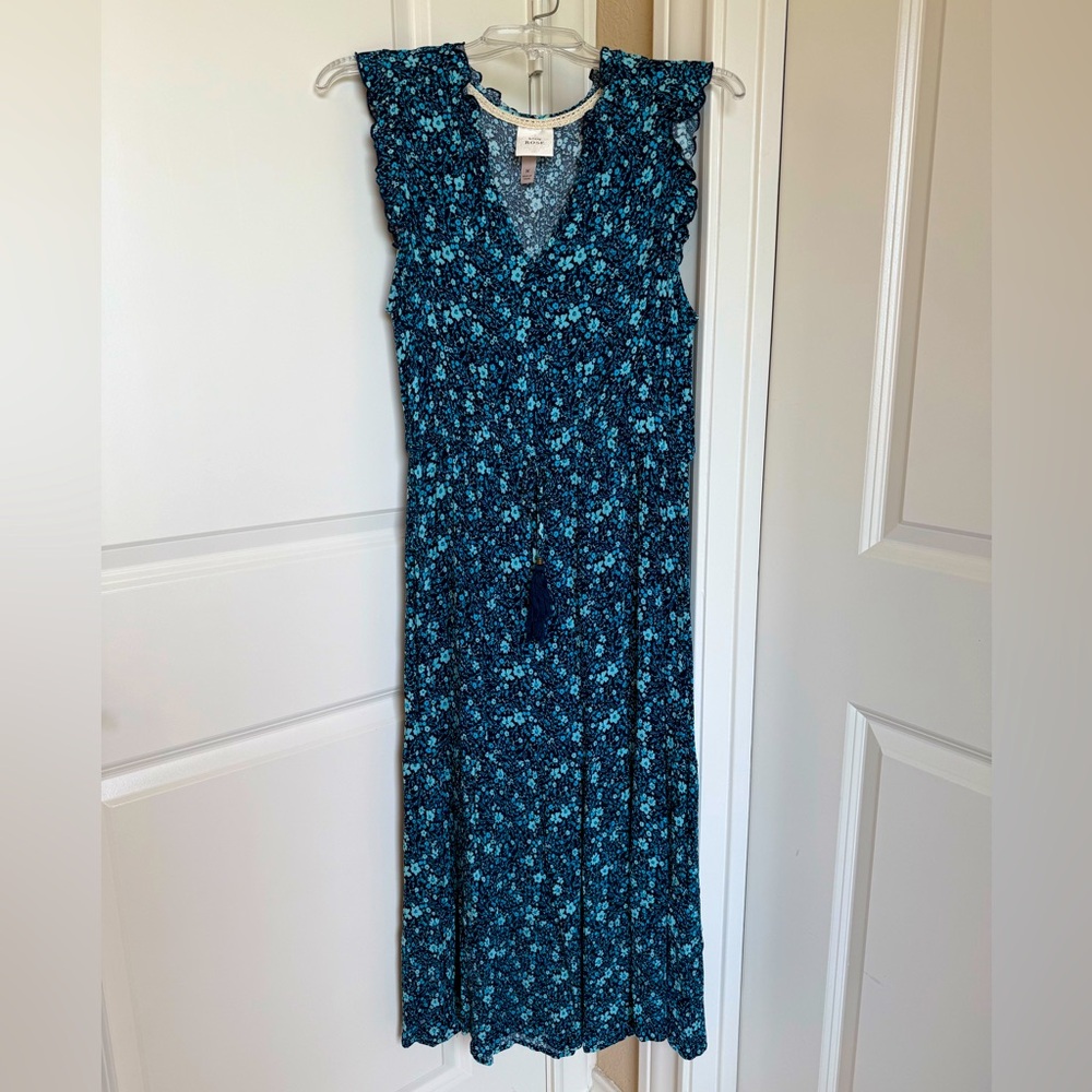 Knox Rose floral blue dress midi maxi ruffle sleeve summer spring resort tassel